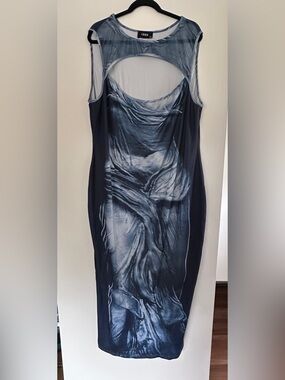 Cider Sculpted Sheer Panel Midi Dress in Slate Blue
